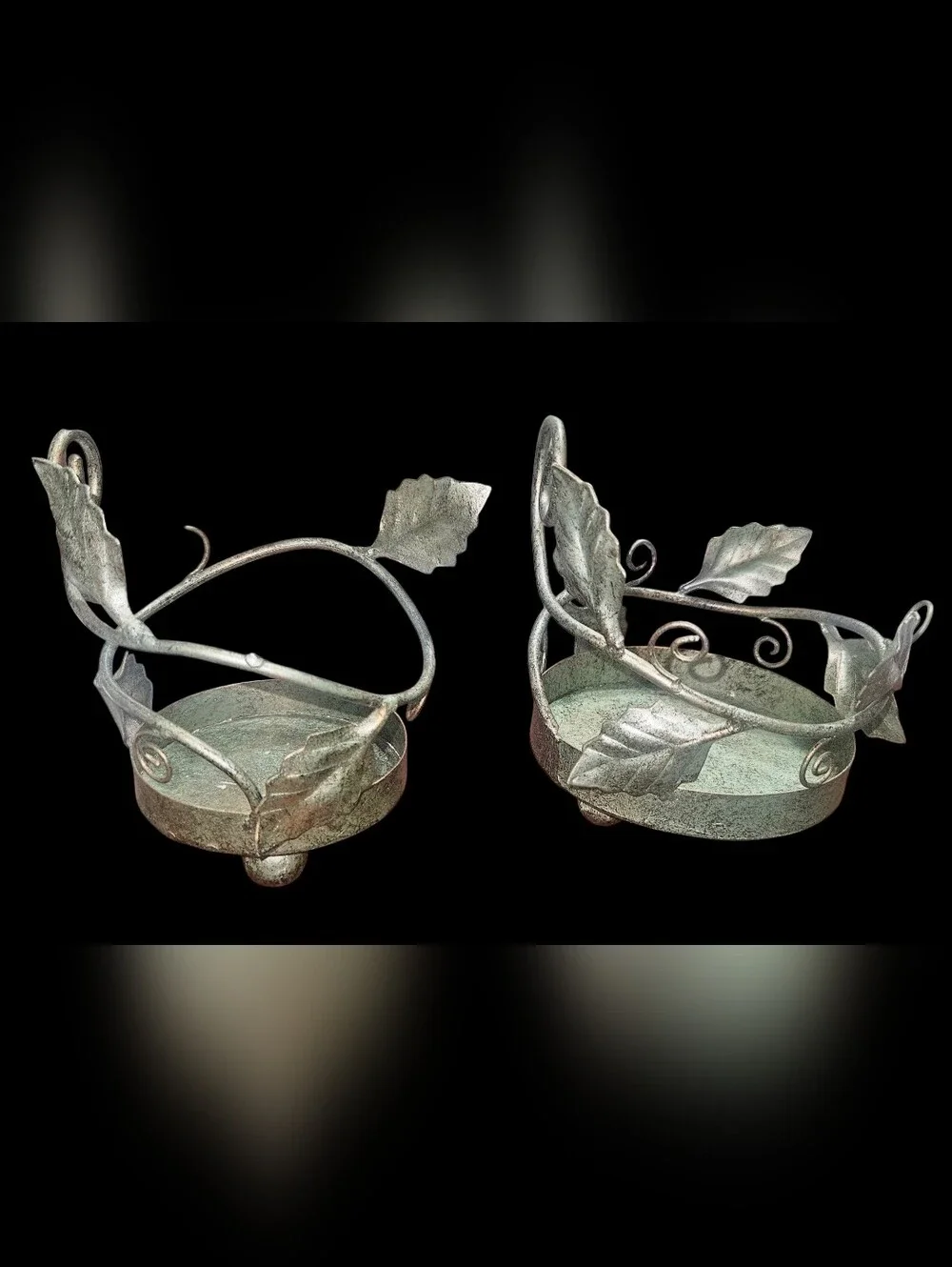 Set of 2 Pier 1 Imports Metal  Verdigris Ivy Leaf Candle Holders Pillar base